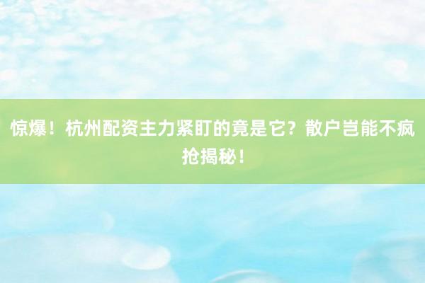 惊爆!杭州配资主力紧盯的竟是它?散户岂能不疯抢揭秘!